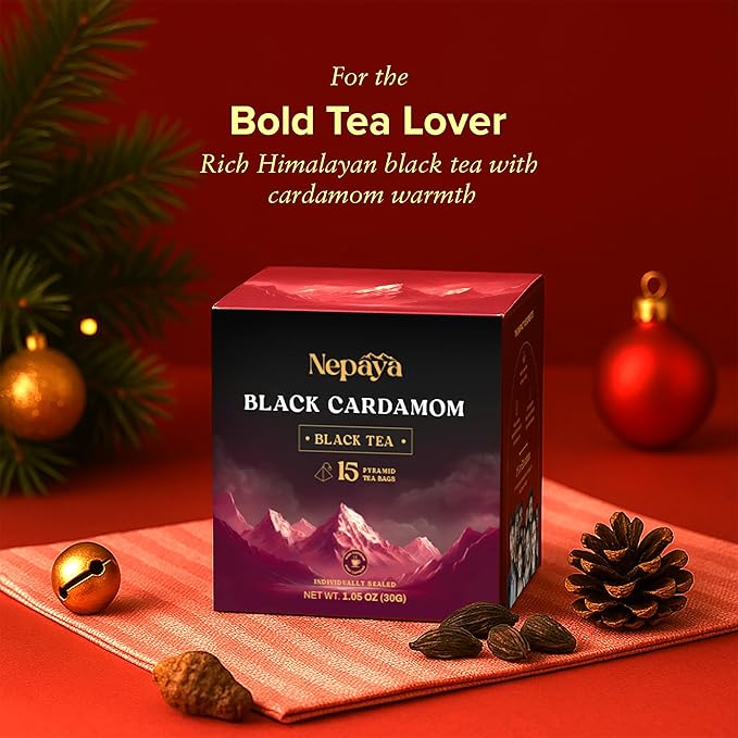 Nepaya Black Cardamom Black Tea – 15 Pyramid Tea Bags, Robust & Smoky, High Caffeine, Biodegradable, Himalayan Whole-Leaf Tea, Coffee Replacement