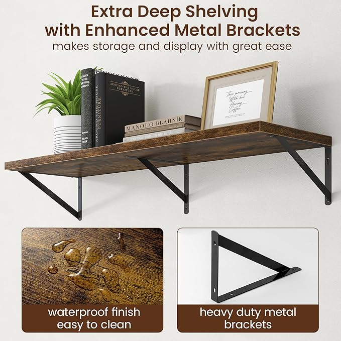 Axeman Deep Floating Shelves - 40 Inch Floating Shelves Set of 2-12 Inch Deep Brown Wood Wall Shelves for Living Room Bathroom Kitchen