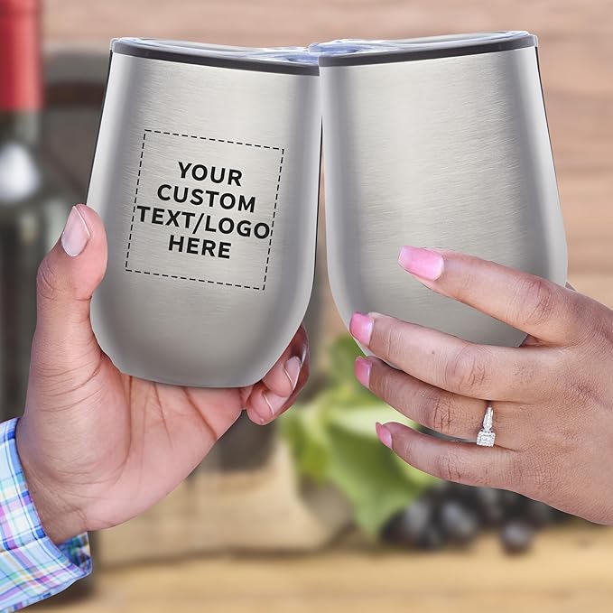 DISCOUNT PROMOS Custom Stemless Wine Tumblers 12 oz. Set of 1, Personalized Bulk Pack - Insulated, Perfect for Wine, Cocktails, Other Hot & Cold Beverages - Silver