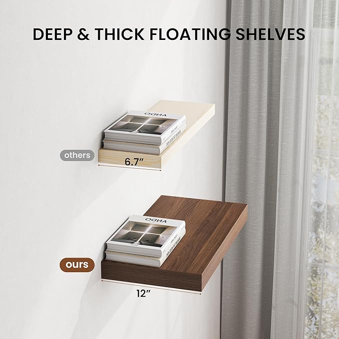 Dreamland 55" Floating Shelves for Wall, 12" Deep Thicker Walnut Floating Shelves, Wall-Mounted Shelves for Bedroom, Living Room, Kitchen, Bathroom - Set of 1