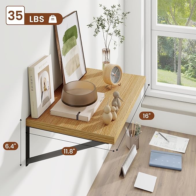 Deep Wall Shelves 16"W x 12"D Engineered Wood Floating Shelves for Wall, Sturdy Metal Bracket Bookshelves Home Decor Storage for Living Room Bedroom Bathroom Kitchen, Set of 2, Oak Finish