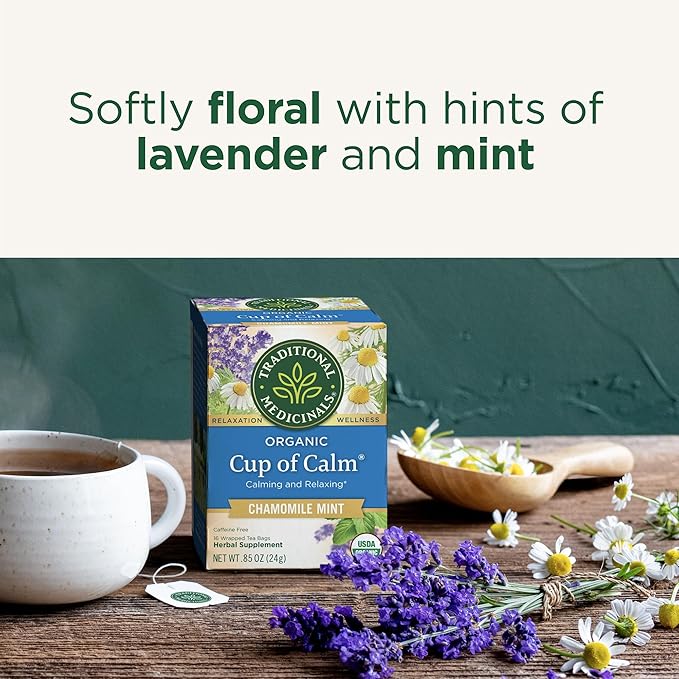 Traditional Medicinals Tea, Organic Cup of Calm, Calming & Relaxing with Chamomile Mint, Kosher, Non-GMO, Caffeine-Free, Compostable - 96 Tea Bags (6 Pack)