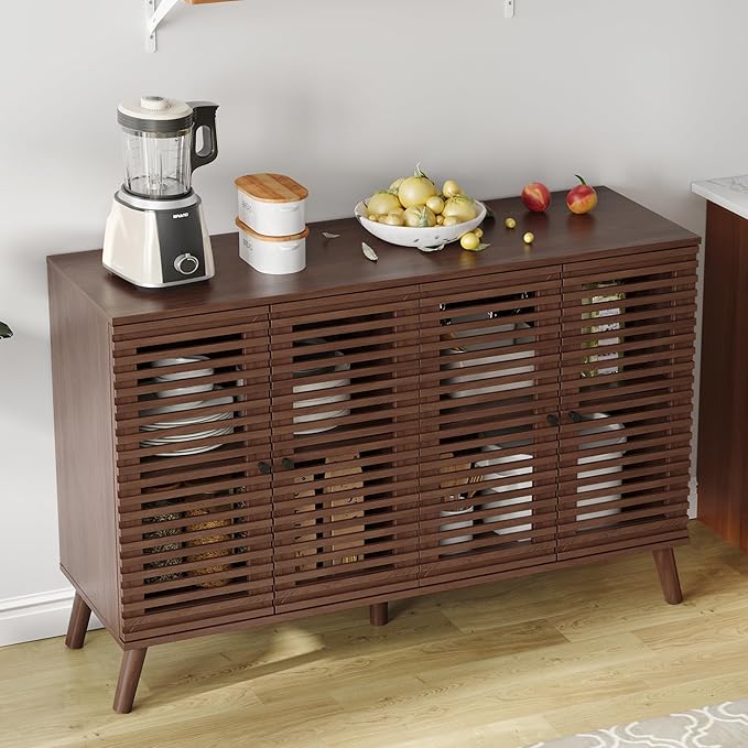 47" W Buffet Cabinet with 4 Slatted Doors, Mid-Century Buffet Sideboard with Shelves, Accent Storage Cabinets Cupboard Console for Living Room Kitchen Hallway, Walnut