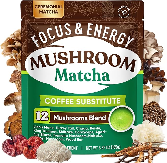 Venture Pal SUPERFOODS Mushroom Matcha Powder – 12 Adaptogenic Mushroom Coffee Alternative with 1.5B Probiotics & L-Theanine, First Harvest Ceremonial Matcha for Focus & Energy, 30 Servings