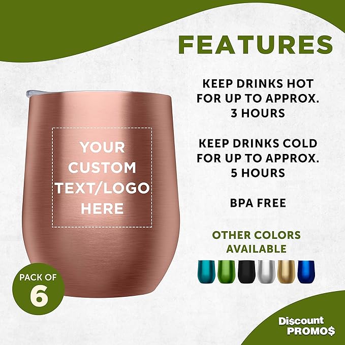 Custom Stemless Wine Glass Tumblers with Lids by Largo 11 oz. Set of 6, Personalized Bulk Pack - Perfect for Wine, Cocktails, Other Hot & Cold Beverages - Rose Gold