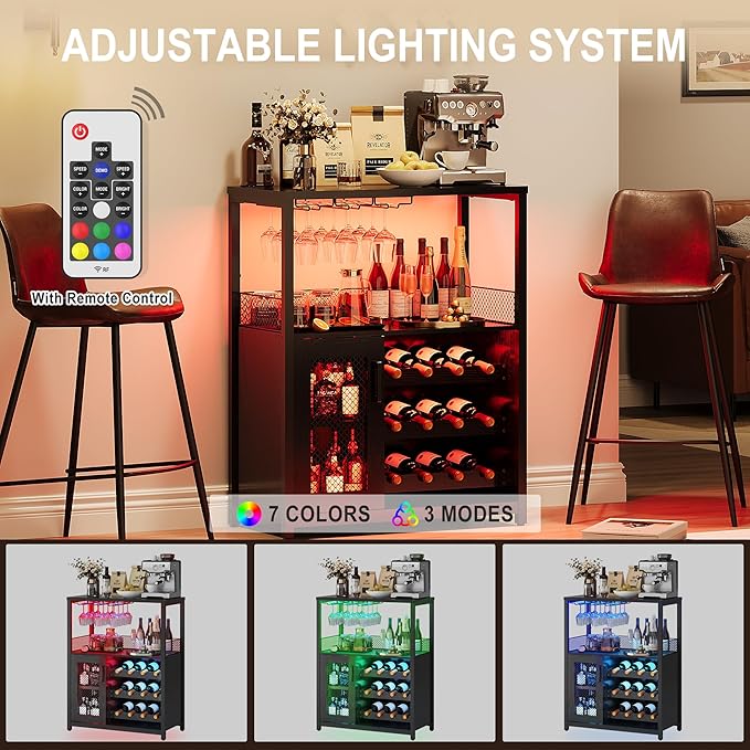 Vintage 3-Tier Wine Bar Cabinet with Adjustable Shelves, Glass Holders, Mesh Door, Small Buffet Sideboard Liquor & Coffee Bar Cabinet for Kitchen, Dining Room, Living Room