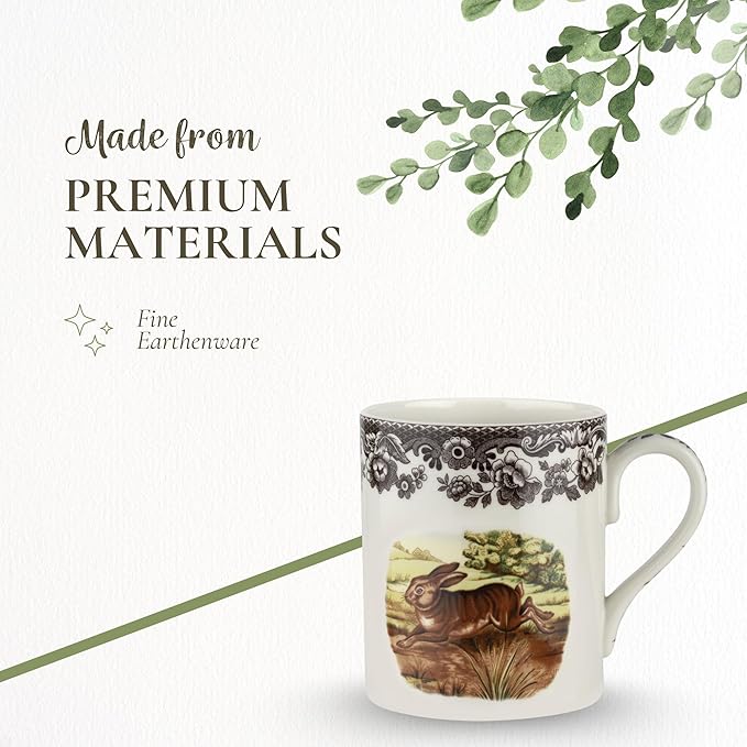 Spode Woodland Rabbit Mug - 16 oz Fine Porcelain with British Flowers Border, Dishwasher, Microwave, Freezer & Oven Safe - Country Living Wildlife Mug for Coffee, Tea, Soup & Desserts