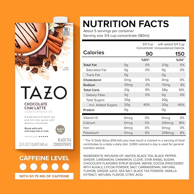 TAZO Tea Concentrate, Chocolate Chai Latte, Strawberry Matcha Latte, Iced Peach Mango 32 Fl Oz (2ea) (Variety Pack)