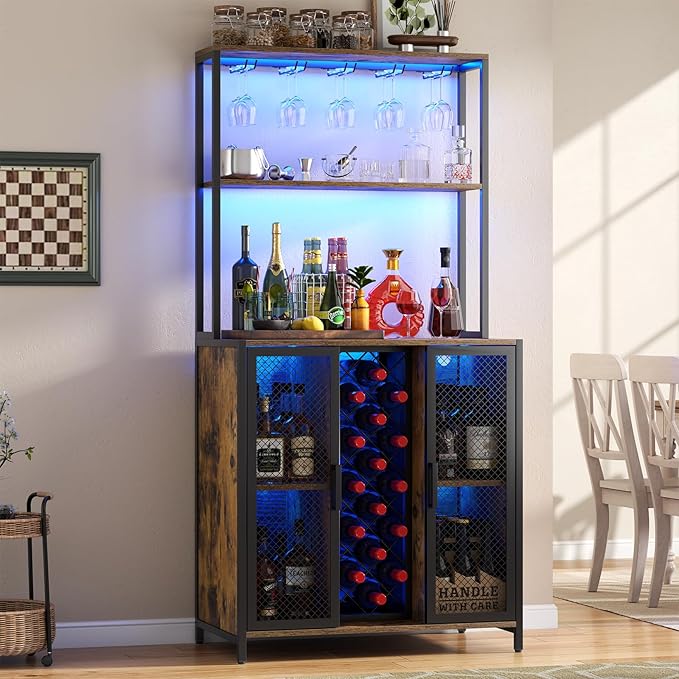 Loomie Wine Bar Cabinet with LED Lights, 5-Tier Industrial Coffee Bar, Buffet Sideboard with Adjustable Shelves, Kitchen Bar Table with Wine Rack Storage and Glass Slots for Liquor and Glasses,Rustic