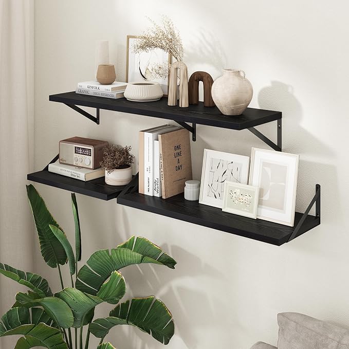 Axeman Deep Floating Shelves - 20 Inch Black Floating Shelves Set of 2-12 Inch Deep Wood Wall Shelves for Living Room Bathroom Kitchen