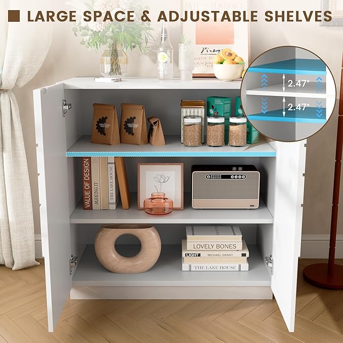LVSOMT Sideboard Buffet Cabinet with Storage, Modern Accent Credenza with Doors and Adjustable Shelve, 33" Wood Coffee Bar Cabinet for Kitchen, Entryway, Dining Room, High Gloss White