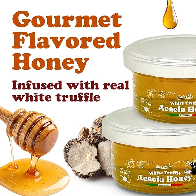 Food To Live White Truffle Acacia Honey, 70gr – Gourmet Flavored Honey, Perfect Pairing for Cheese, Poultry, and Fine Dining, Artisan Crafted Premium Delicacy (Pack of 2)