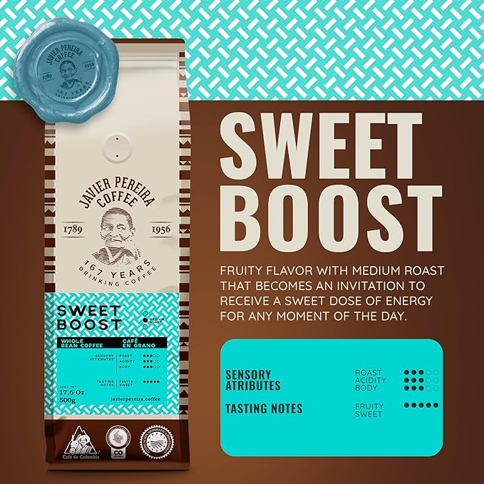 Javier Pereira Coffee - Sweet Boost Colombian Specialty Coffee – Medium Roast – 100% Arabica – Certified Café de Colombia – Sweet Fruity Notes – Whole Bean - 17.6 Oz