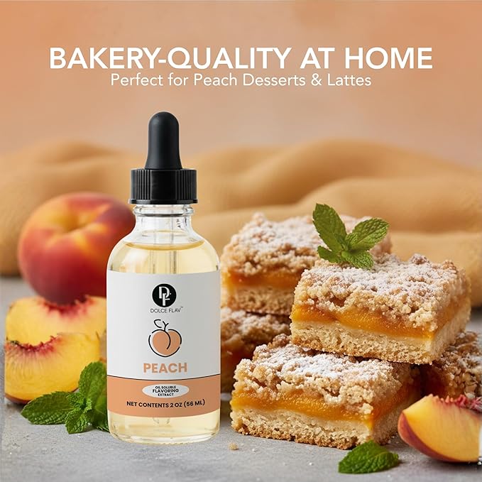 Dolce Flav Peach Extract – 2 Ounce Oil-Soluble Kosher, Sugar-Free, Concentrated Juicy Peach Flavoring for Baking, Chocolates & Desserts, Includes Measured Dropper