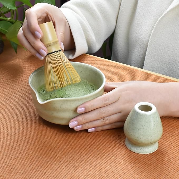 Artcome 7-Piece Matcha Tea Set - Complete Japanese Ceremony Kit with Bowl, Whisk, Scoop, Strainer & Guide, Mottled Light Green
