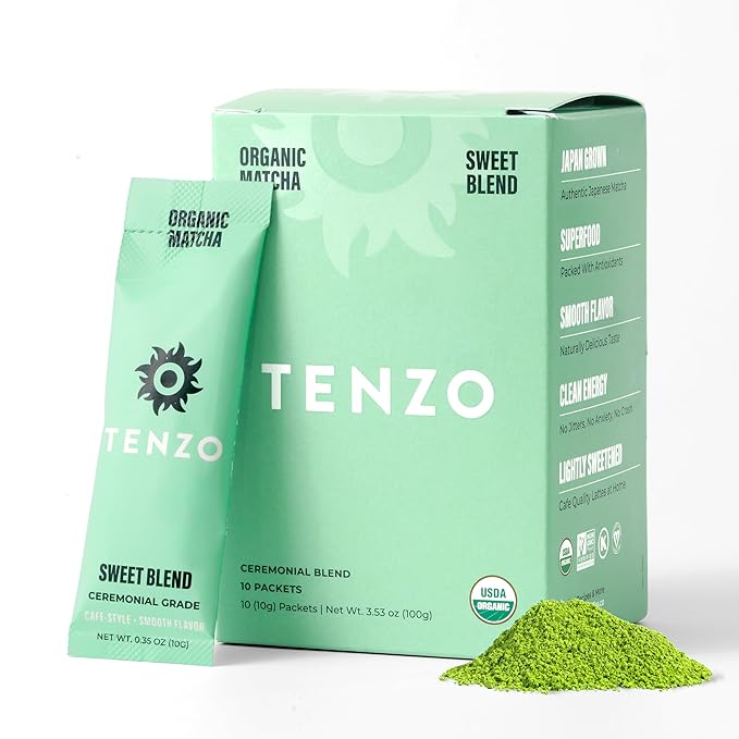 Tenzo Single Serve Matcha Green Tea Powder - Matcha Powder Single Serve Sticks - Organic Matcha Green - Ceremonial Grade Sweet Blend Matcha (10 Count)