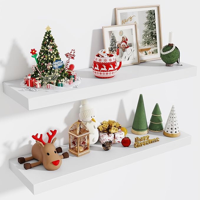 Fun Memories Floating Shelves Set of 2, 36 Inch Long Wooden Wall Shelves, 10 Inch Deep Wall Mounted Storage Shelf with Metal Brackets for Living Room, Bathroom, Bedroom and Kitchen, White