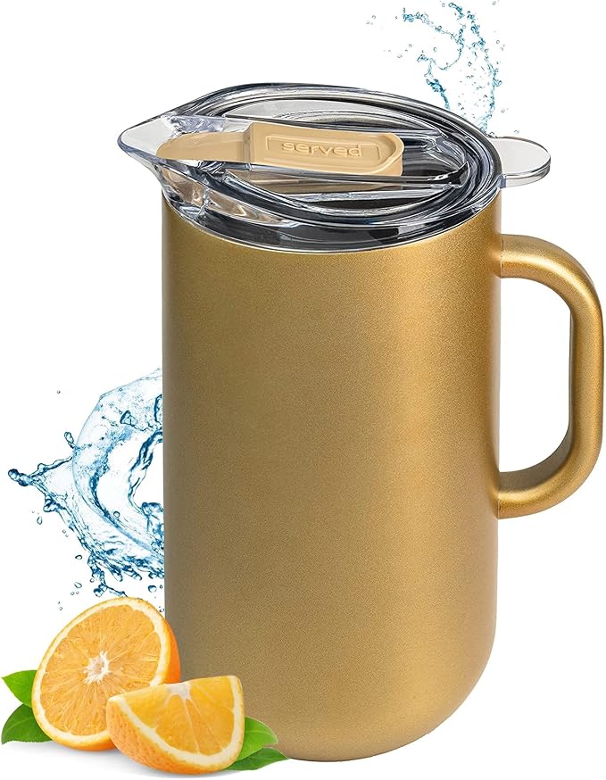 Served Premium Insulated Pitcher (2L/66oz) - Double Walled, Copper Lined Stainless Steel Pitcher with Lid - Vacuum Insulated Carafe for Hot Coffee, Tea, Iced Drinks, Water, Cocktails, and More