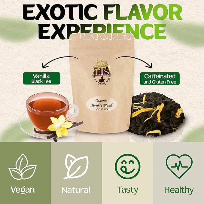 English Tea Store - Monk's Blend Loose Leaf Black Tea Organic | Pomegranate & Vanilla Flavor | USDA Organic | Natural Flavor Loose Leaf Tea | Fruity Black Tea | GMO-Free | 16oz Pouch