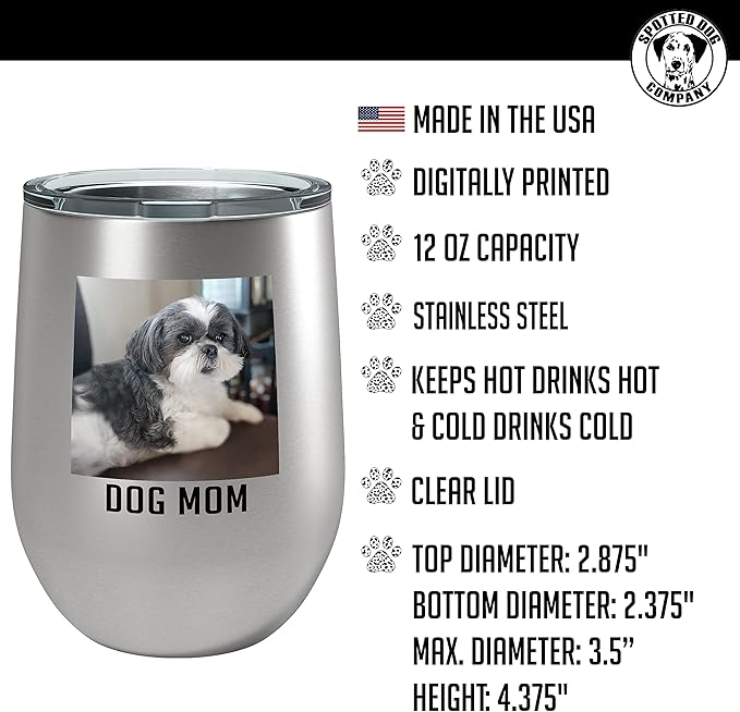 Personalized 12oz (17 Colors) Photo Picture Printed Insulated Stainless Powder Coated Stemless Wine Tumbler with Lid, Customized Gift Idea Women Her, Custom Coach Gifts Team Mom Dad (Stainless Steel)