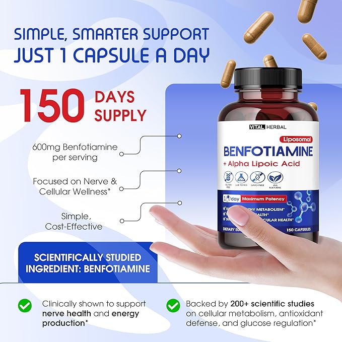 Vital Herbal Liposomal Benfotiamine with Alpha Lipoic Acid - Maximum Potency- Support Healthy Metabolism