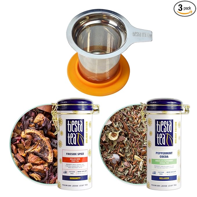 Tiesta Tea - Holiday Cheer Tea Gift Set, Loose Leaf Holiday Blends with Infuser, Non-Caffeinated, Stainless Steel Brewbasket & 2 Refillable Tin Combo, Fireside Spice & Peppermint Cocoa