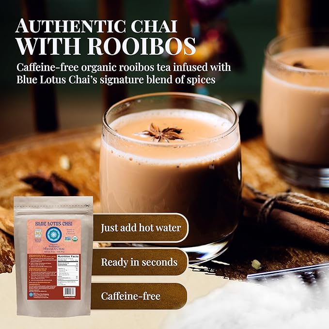 Blue Lotus Chai – Organic Rooibos Masala Chai - Makes 265 Cups – Caffeine-Free, No Steeping, No Gluten - 8 Ounce Masala Chai Powder with Organic Spices – Authentic Indian Tea