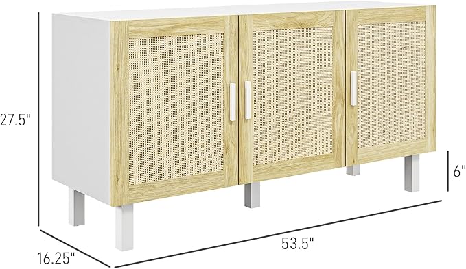 HOMCOM Boho Sideboard Buffet Cabinet, Coffee Bar Cabinet with 3 Rattan Doors and Adjustable Shelves for Kitchen, Living Room, White and Natural
