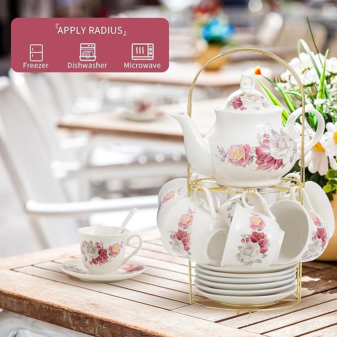 20-Pieces Porcelain Bone china Tea Sets,Gold Rim Coffee Set with Golden Metal Rack,Tea Gift Sets for Home&Party(003)