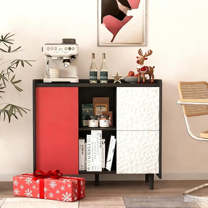 35" Modern Buffet Cabinet & Coffee Bar, Small Sideboard with 3D Geometric Drawers, Push-to-Open Door & Adjustable Shelves, Unique Color Block Accent Storage for Kitchen, Dining, Entryway