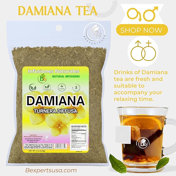Damiana Leaf Te – 4 oz (113g) Loose Herbal Tea + Stainless Steel Tea Infuser – 100% Natural Turnera diffusa – Authentic Mexican Origin – Caffeine-Free, Non-GMO, Gluten-Free, Vegan By Bexpertsusa