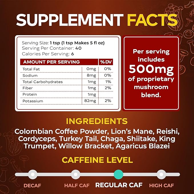 Wixar Mushroom Coffee Blend - Ten Treasure Mushrooms Extract Instant Coffee Powder with Lions Mane, Turkey Tail, Reishi, Chaga, Shiitake, Maitake, Cordyceps, Complex - 5oz Mushroom Supplement