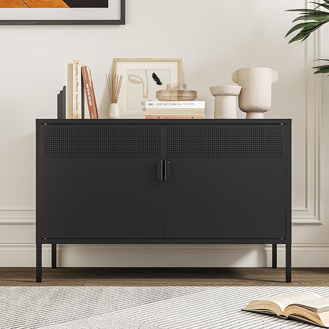 Metal Storage Cabinet with Doors,Black Accent Cabinet,Metal Locker Storage Cabinets,2 Door TV Media Stand with Removable Shelves for,Home,Office,Entryway,Living Room