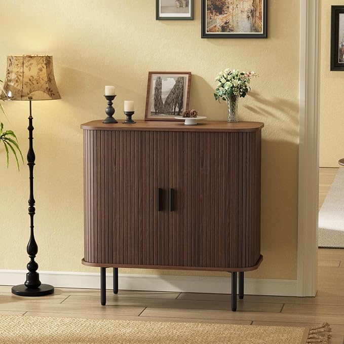 31''W Walnut Buffet Sideboard Cabinet with Storage, Fluted Accent Storage Cabinet with Curvy Edge, Sliding Door, Freestanding Credenza, Console Table for Living Room, Kitchen, Hallway