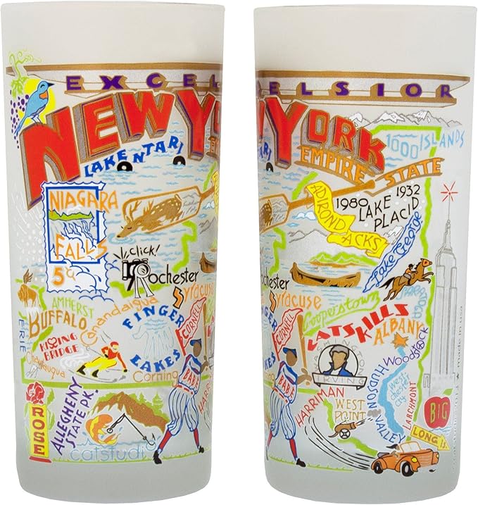 Catstudio Drinking Glass, New York Frosted Glass Cup for Kitchen, Drinking Glasses, 15oz Dishwasher Safe Tumbler for New York Lovers
