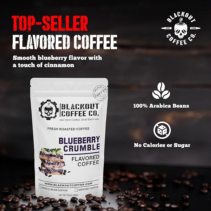 Blackout Coffee Blueberry Crumble Flavored Ground Coffee – Medium Roast, Smooth Taste, Guilt-Free Indulgence – Freshly Roasted 12oz Bag