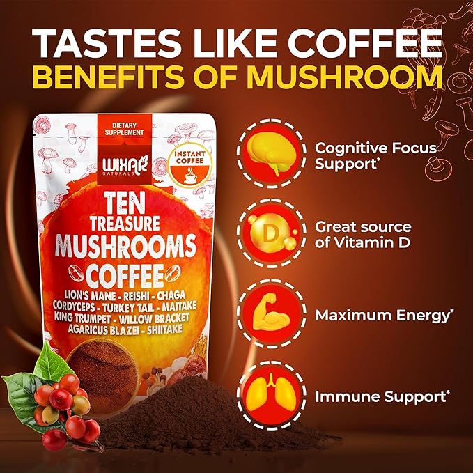 Wixar Mushroom Coffee Blend - Ten Treasure Mushrooms Extract Instant Coffee Powder with Lions Mane, Turkey Tail, Reishi, Chaga, Shiitake, Maitake, Cordyceps, Complex - 5oz Mushroom Supplement