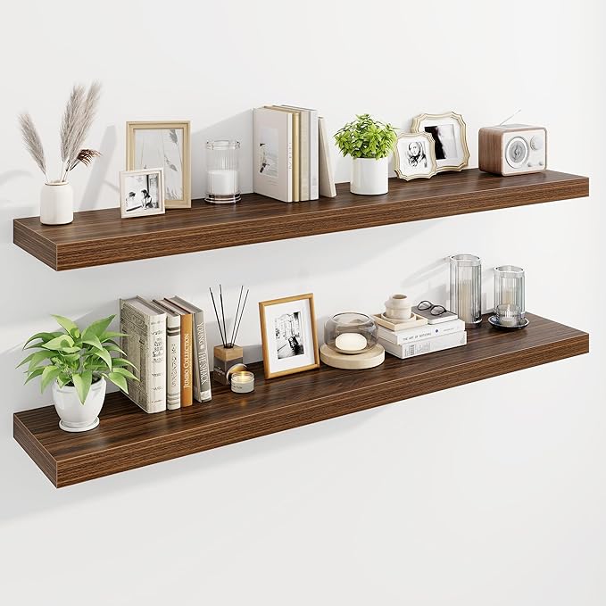 Marsmiles 55" Floating Shelves for Wall, Wooden Shelves with Invisible Brackets Set of 2, Rustic Farmhouse Wall Mounted Shelf for Kitchen Bathroom Living Room Study, Walnut