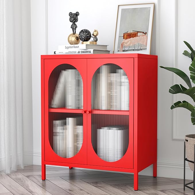 Small 2 Transparent Door Metal Storage Side Buffet Cabinet for Bed Room,Living Room,Entryway,Hallway,Home,Hotel,Office,Garage,Kitchen,1 Removable Shelf. (Transparent Door, Red)