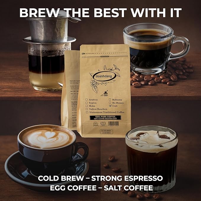 doanhdang - 17.6 Oz Premium Culi Ground Bean Coffee, 100% Culi Peaberry Medium Roast, Rich Flavor for Espresso Shot and Brew, Origin from Vietnam, Ground Med Roast Beans