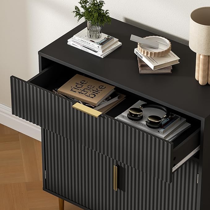 Sideboard Buffet Cabinet with 2 Doors & Drawer, Coffee Bar with Adjustable Shelves, Liquor Cabinet with Storage, Accent Cabinet Console Table for Living Dining Room, Black