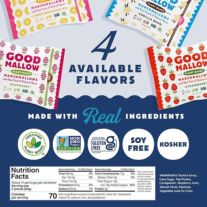 GoodMallow Vegan Marshmallows - Large Kosher Gluten Free Dairy Free Healthy Marshmallows - Natural Gelatin Free for Hot Chocolate, Smores, Baking - Nothing Artificial - Combo Pack of all Flavors