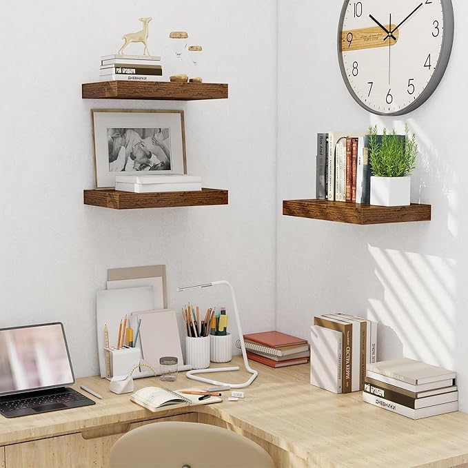 Fun Memories Floating Shelves for Wall - 10 x 16 Floating Shelf - Rustic Wood Storage Shelf - Wall Shelves with Invisible Bracket - 16" Bookshelves for Living Room & Bedroom - Rustic Brown - Set of 2