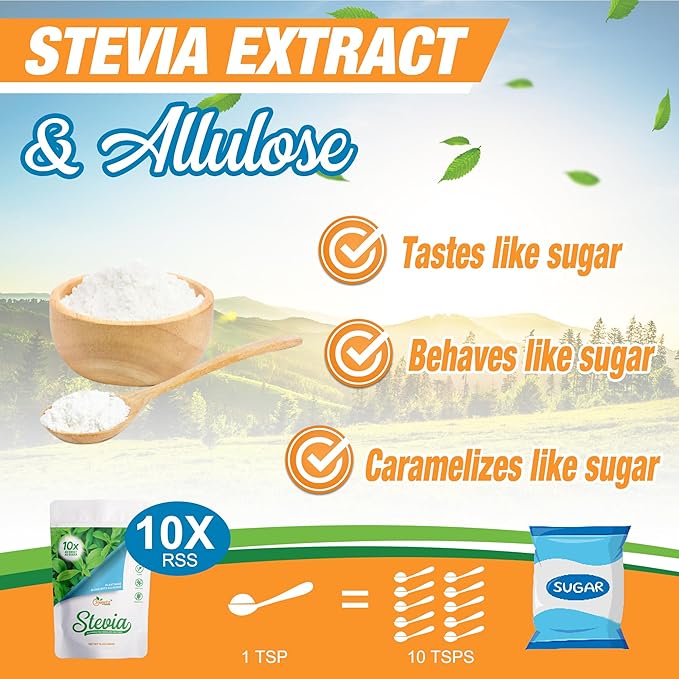 Allulose – Stevia Blend All Purpose Sweetener – 10X Sugar Sweetness; Total Servings 1135; Zero Calorie Sweetener, Sugar-Free Substitute for Baking, Smoothies, Coffee; Low Carb Keto Diet Friendly Food | 1-LB