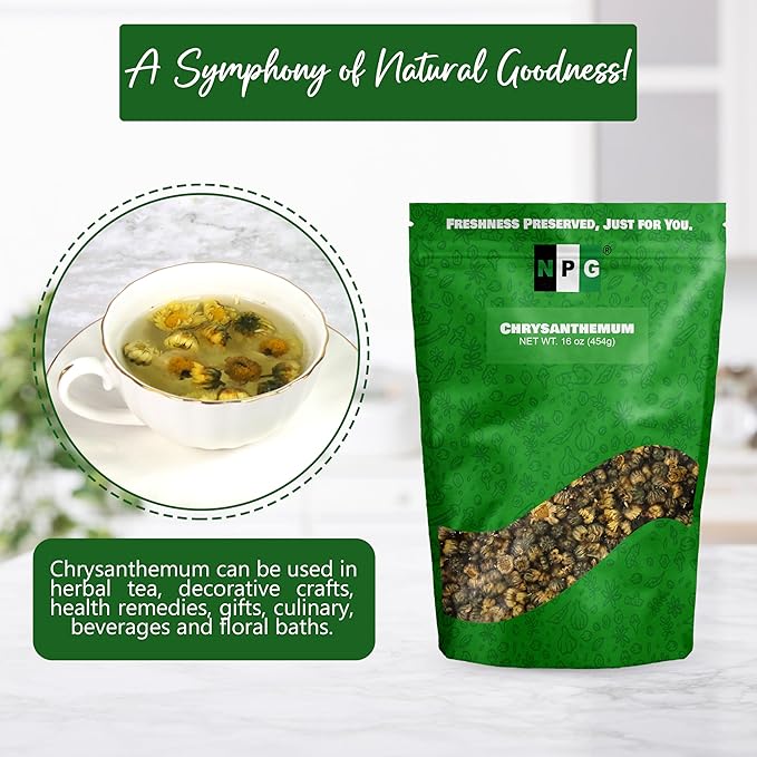 NPG Chrysanthemum Bud Tea 16 Oz, Premium Dried Chinese Tai Ju Flowers, Juhua Herbal Tea, Caffeine-Free, Non-GMO Loose Leaf with Floral Fragrance, Sweet and Refreshing Flavor for Relaxation