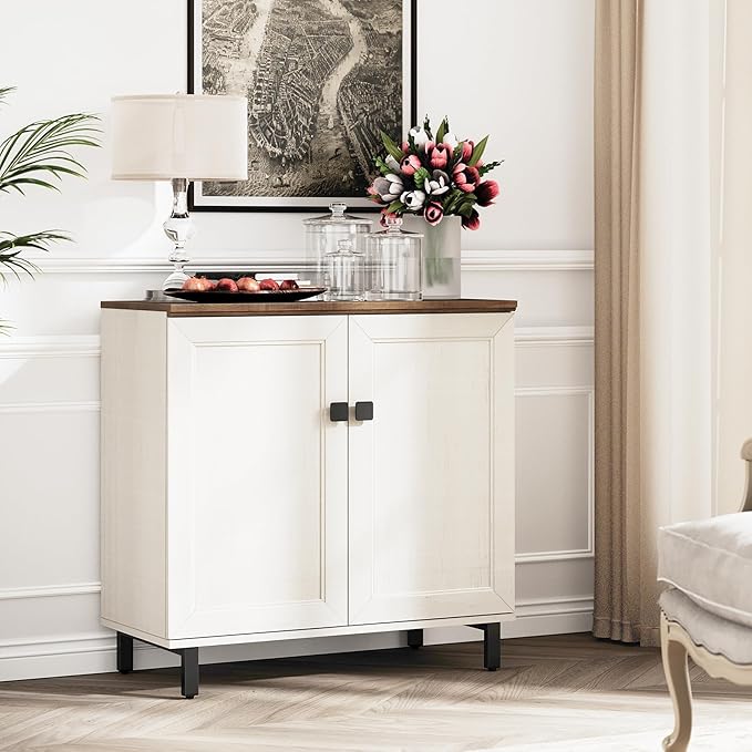 Multifunctional Buffet Sideboard Cabinet Farmhouse Modern Storage Cabinet with Adjustable Shelves for Kitchen, Coffee Bar, Living Room, White