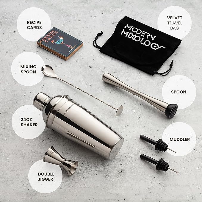 Modern Mixology 8-Piece Cocktail Shaker Set, 24oz Stainless Steel Bartender Kit with Velvet Giftable Bag, Curated Travel Cocktail Kit for Hosting Essentials (Silver)