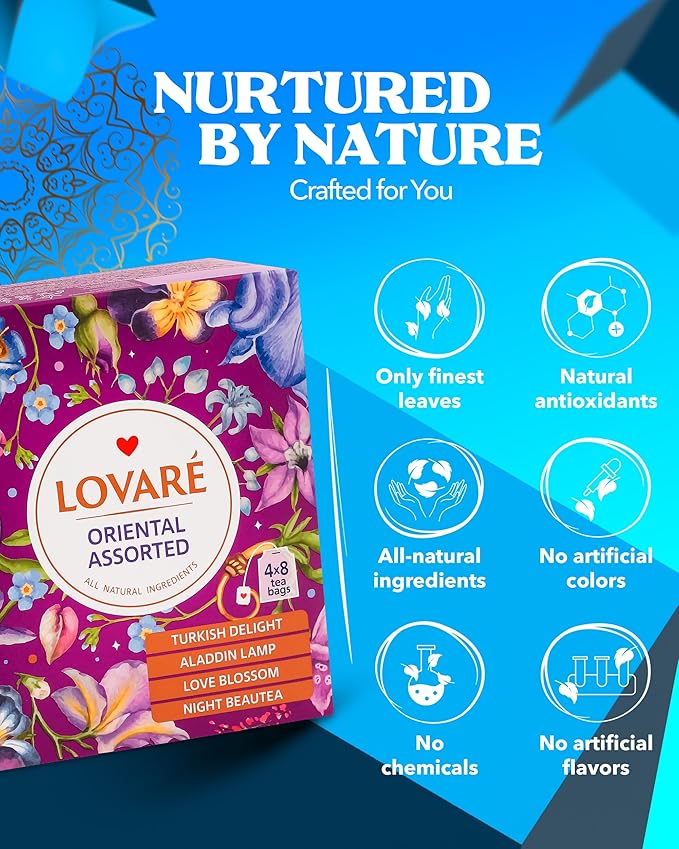 LOVARE Oriental Assorted Tea Variety Pack 32 Pack - Black tea blend, Made in Ukraine - Tea Bags Individually Wrapped - Turkish Delight, Aladdin Lamp, Love Blossom, Night Beautea - Assorted Tea Bags Variety Pack