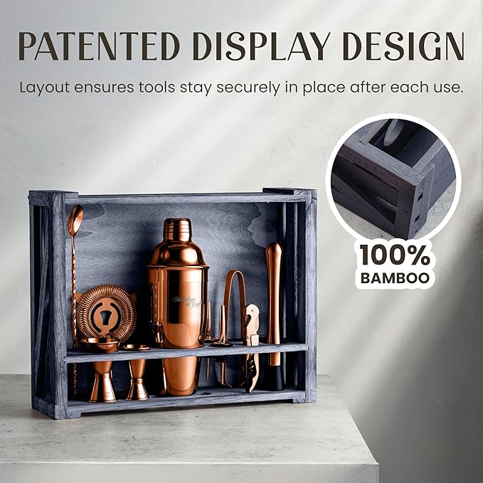 Mixology & Craft 11-Piece Cocktail Shaker Set, Bartender Kit with Stand, Stainless Steel Bar Tools, Dual Jiggers, Muddler & Pourers, Wood Display for Home Bar - Gift Ready (Copper)