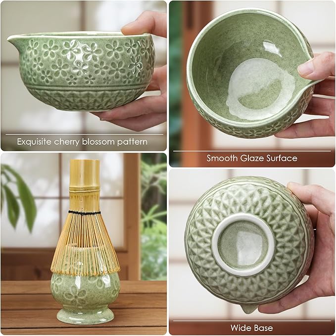 7Pcs Matcha Whisk Set, Ceramic Matcha Bowl with Spout, Bamboo Whisk and Holder,Bamboo Scoop,Scoop Rest,Sifter,Tea Towel, Matcha Kit with Cherry Blossom Carved Patterns for Matcha Lovers (Sakura Green)